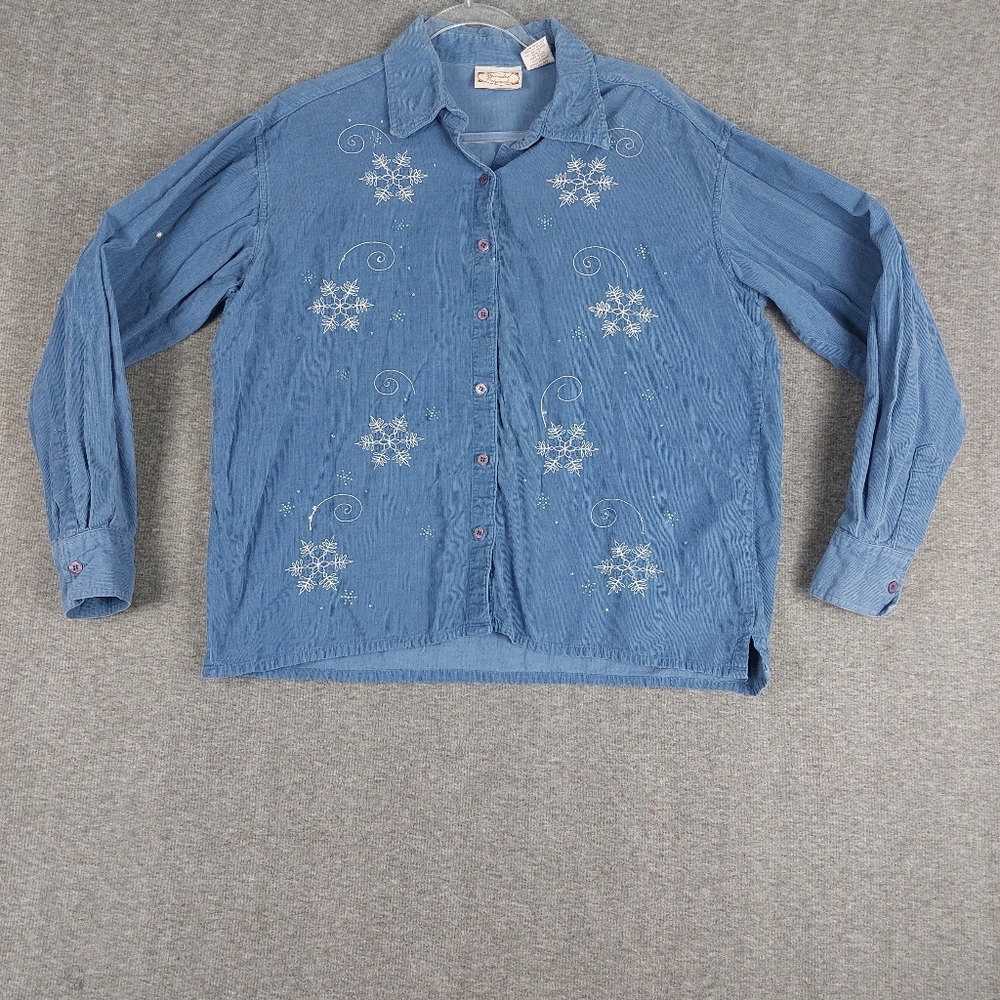 DECORATED ORIGINALS WOMENS BLUE CORDUROY EMBROIDERED SNOWFLAKE BUTTON UP SHIRT L